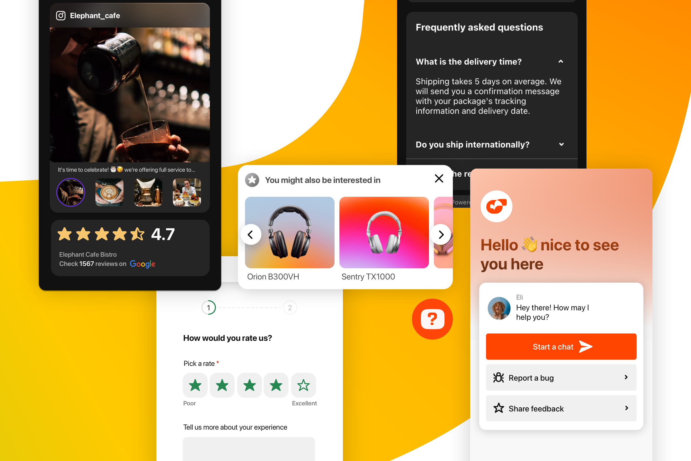 Screenshots of widgets for website: Contact form, faq, visitor counter