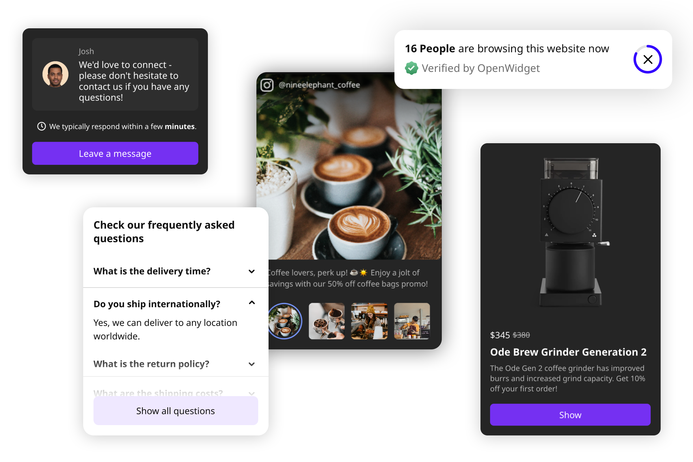 Screenshots of widgets for website: Contact form, faq, visitor counter